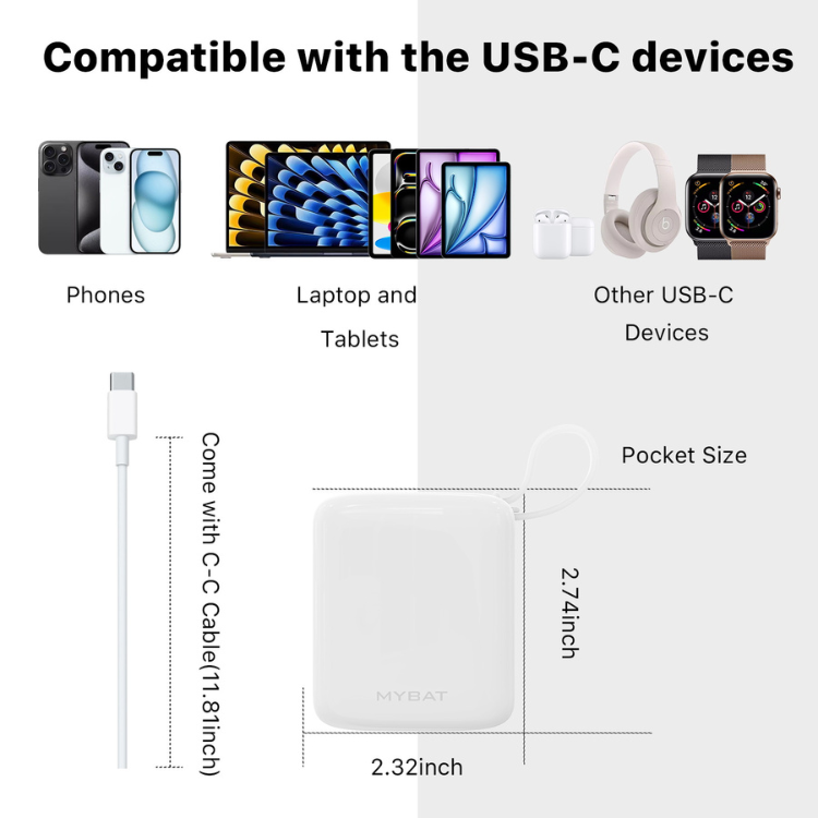 MyBat MyBat PowerLoop Batterie externe 10000mAh avec câble USB-C intégré Guadeloupe