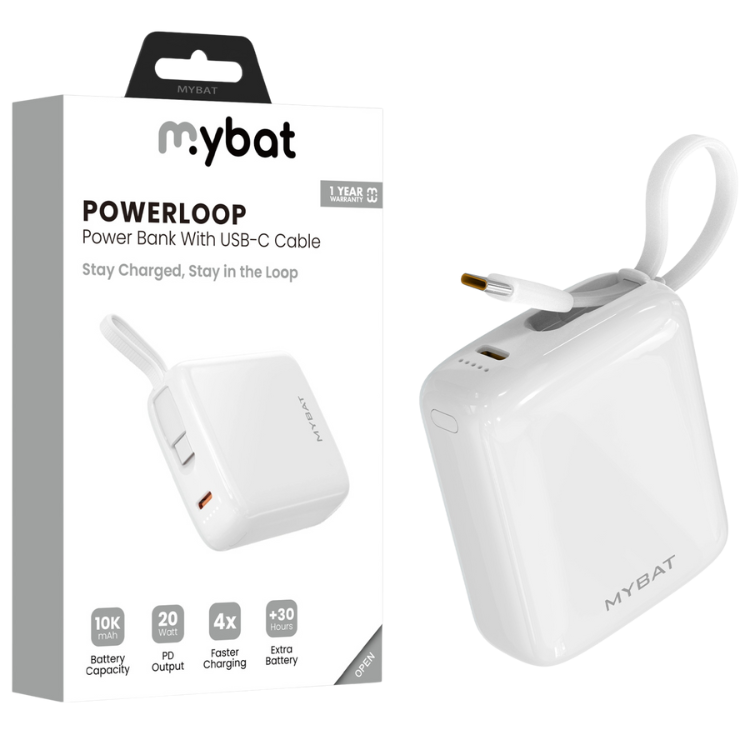 MyBat MyBat PowerLoop Batterie externe 10000mAh avec câble USB-C intégré Blanc Guadeloupe